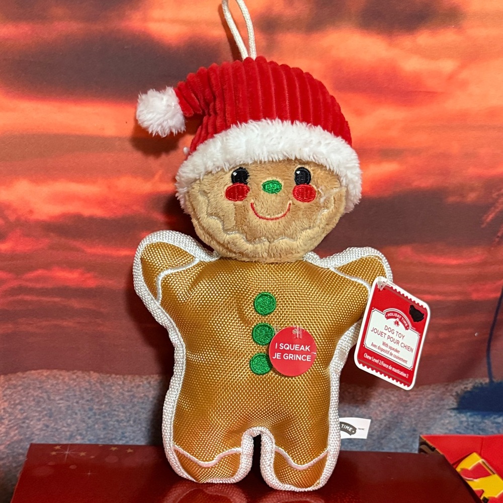 Holiday Time Gingerbread Dog Toy with Red Santa Hat